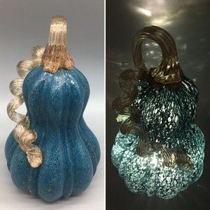 Blown Glass Blue Tall Gourd Pumpkin LED Lighted Curly Stem Thanksgiving Decor 9"